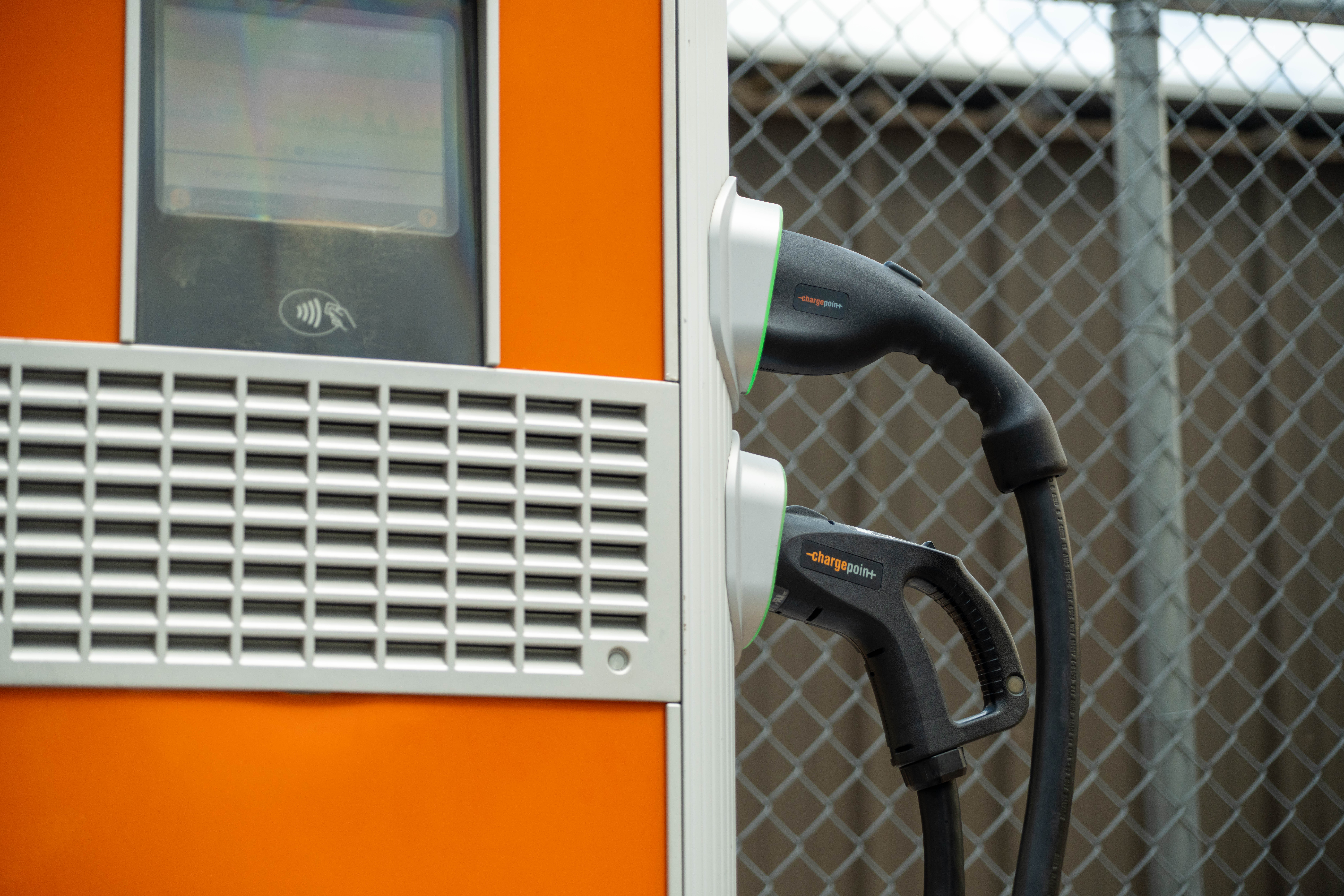 Close-up of an electric vehicle charging station