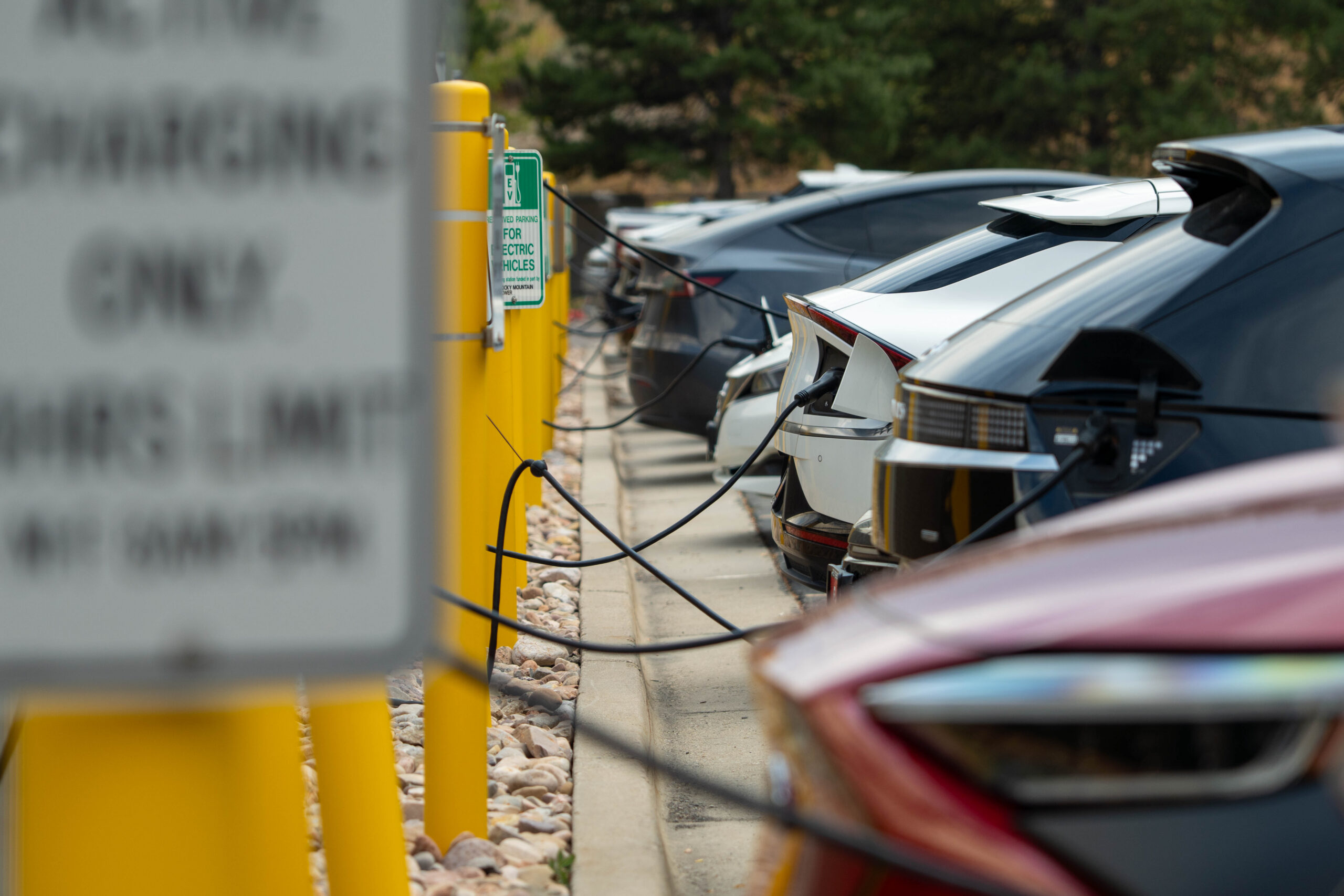 A row of electric vehicles charge at a public charging station