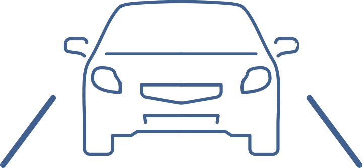 Simple line‑style icon of a car driving between two lane lines